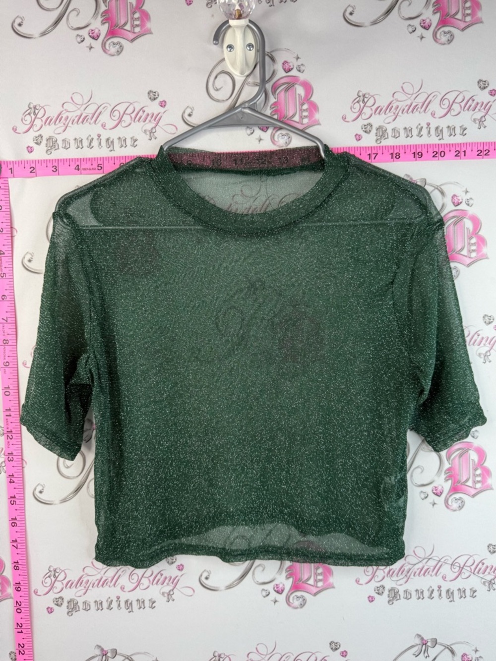 SHEIN T-shirt see through sparkly green Emerald Sheer Sparkle Crop Top mesh